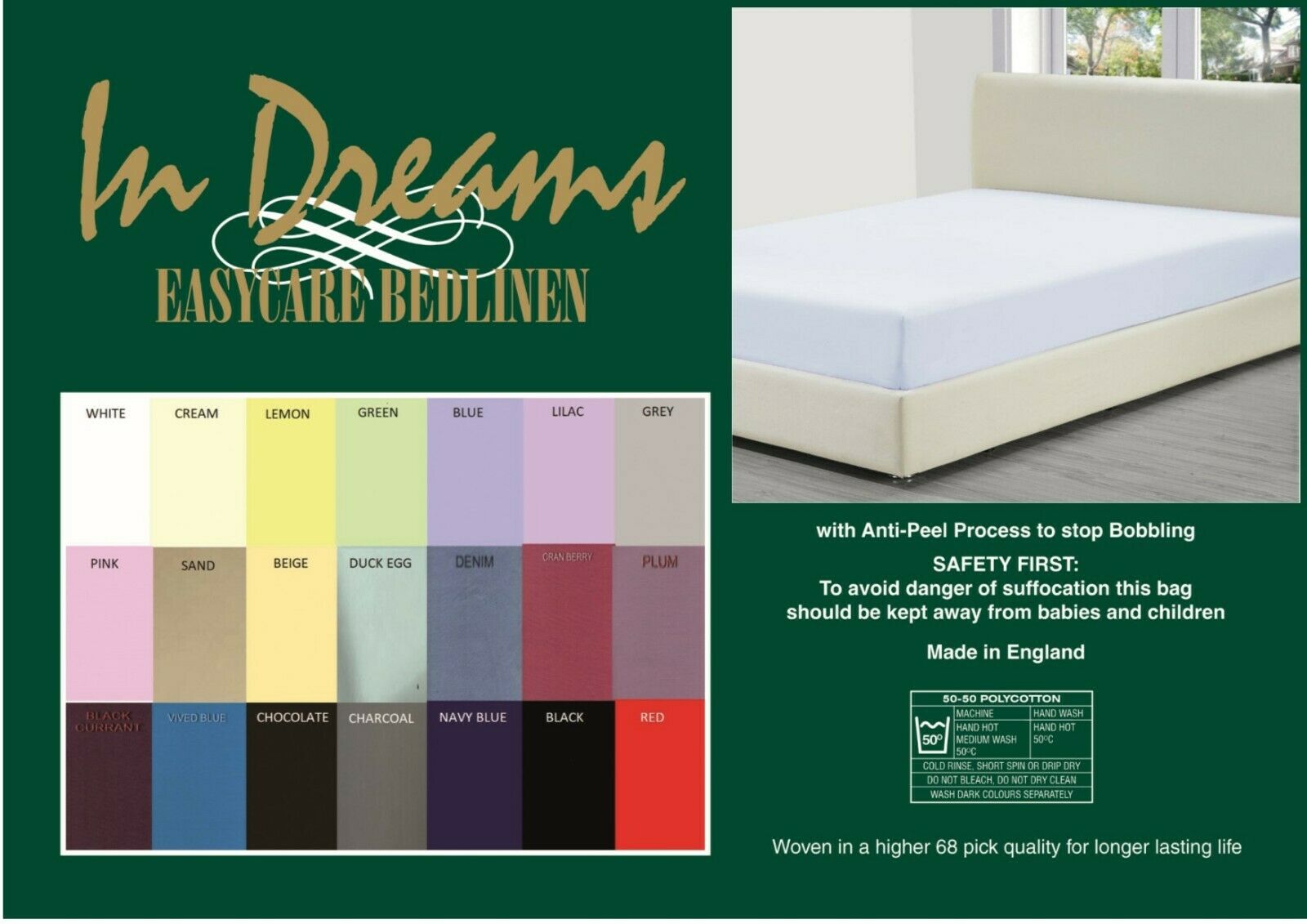 3' 6"x 6'6"bed 15"box(suitable for electric beds) fitted sheets 68pick 21 colours