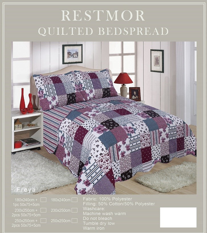 Freya Restmor Quilted Reversible Patchwork Design Bedspread in 3 sizes with free pillow sham/s